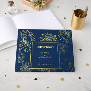 Elegante zonnebloem goud Folie blauw bruiloft gast Gastenboek