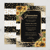 Elegante Zonnebloem Goud Zwart Wit Quinceañera Kaart (Voorkant / Achterkant)