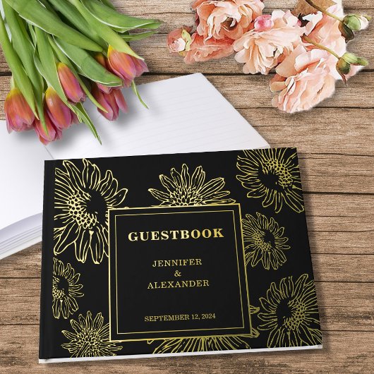 Elegante zonnebloem gouden Folie bruiloft gastenbo Gastenboek
