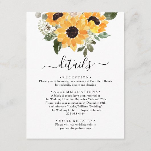 Elegante Zonnebloem Greenery Wedding Details Informatiekaartje (Voorkant)