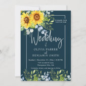 Elegante Zonnebloem Kalligrafie Navy Blue Bruiloft Kaart (Voorkant)
