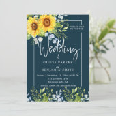 Elegante Zonnebloem Kalligrafie Navy Blue Bruiloft Kaart (Staand voorkant)