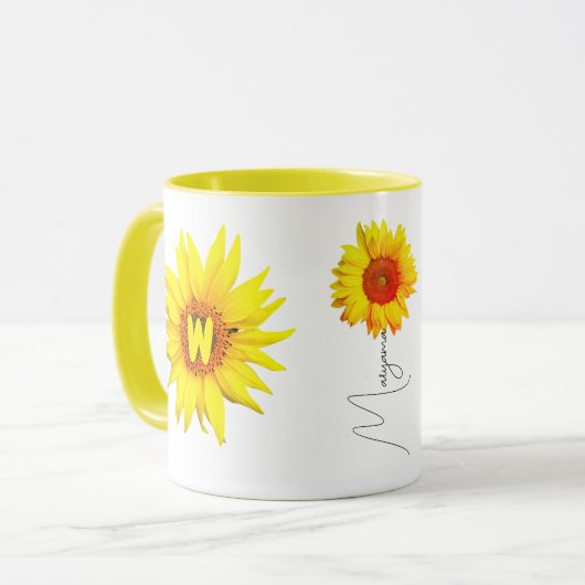 Elegante Zonnebloem Koffie Mok (Naam & Monogram) (Voorkant links)