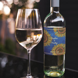 Elegante Zonnebloem Landelijke Navy Blauwe Trouw Wijn Etiket