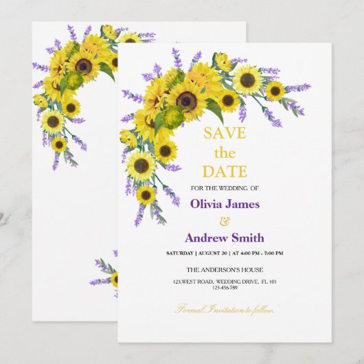 Elegante Zonnebloem & Lavendel Trouwkaart 'Save Th Save The Date (Voorkant / Achterkant)