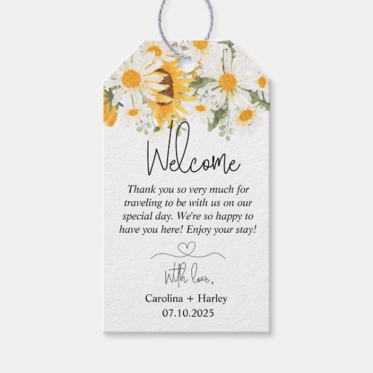 Elegante Zonnebloem Madelief Bruiloft Welkom Cadeaulabel (Voorkant)