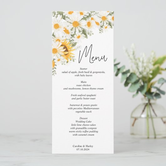 Elegante Zonnebloem Madeliefjes Bruiloftsmenu Programmakaart (Staand voorkant)