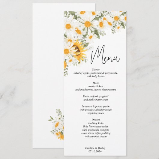Elegante Zonnebloem Margriet Bruiloftsmenu Programmakaart (Voorkant / Achterkant)