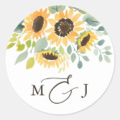 Elegante Zonnebloem Monogram Bruiloft Ronde Sticker (Voorkant)