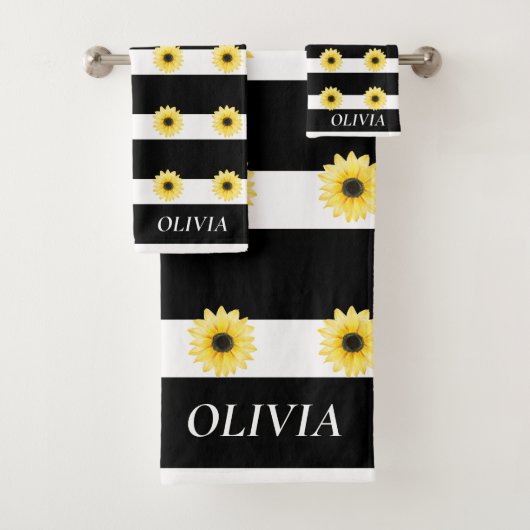 Elegante Zonnebloem op Zwart en Wit Bad Handdoek (Insitu)