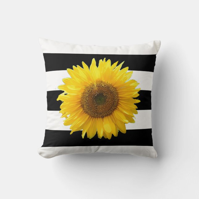 Elegante zonnebloem op zwart-wit gestreepte plaid  kussen (Voorkant)