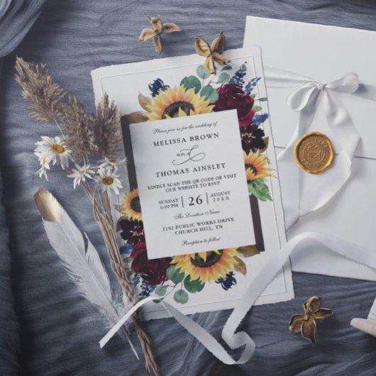 Elegante Zonnebloem Rustieke Budget QR Code Trouwe Kaart