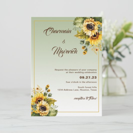 Elegante Zonnebloem Sage Groene Zomer Bruiloft Kaart (Staand voorkant)