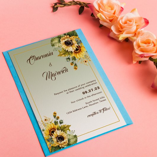 Elegante Zonnebloem Sage Groene Zomer Bruiloft Kaart