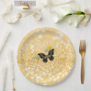 Elegante zonnebloem Sparkle Black Butterfly Gold Papieren Bordje