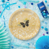Elegante zonnebloem Sparkle Black Butterfly Gold Papieren Bordje (Feest)