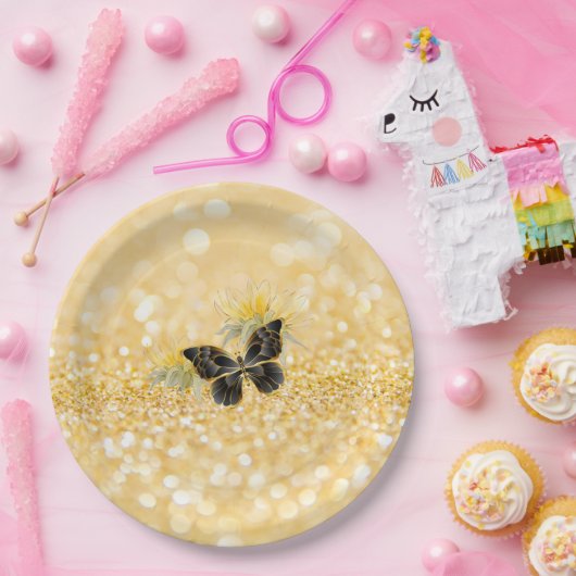 Elegante zonnebloem Sparkle Black Butterfly Gold Papieren Bordje (Feest)