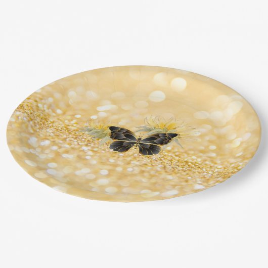 Elegante zonnebloem Sparkle Black Butterfly Gold Papieren Bordje (Gekanteld)
