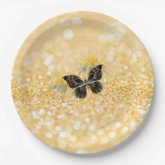 Elegante zonnebloem Sparkle Black Butterfly Gold Papieren Bordje (Voorkant)