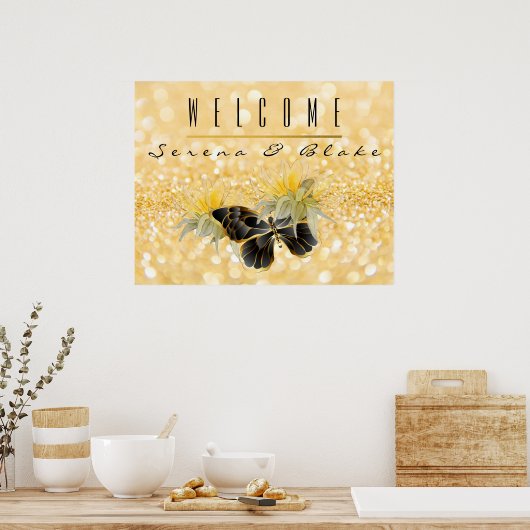 Elegante zonnebloem Sparkle Black Butterfly Gold Poster (Keuken)