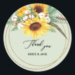 Elegante Zonnebloem Veer Mint Wedding Ronde Sticker<br><div class="desc">Huwelijk Dank u Sticker. Paar Namen Zonnebloemen,  Veren,  katoen. Zwarte tekst. Mint.</div>
