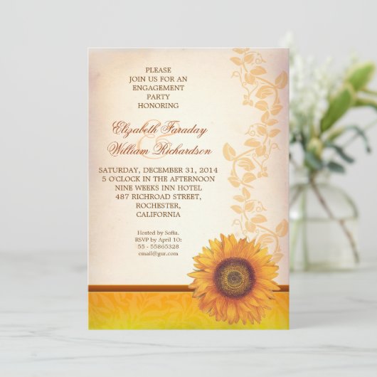 Elegante zonnebloem verlovingsfeest uitnodiging (Staand voorkant)
