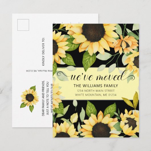 Elegante Zonnebloem Waterverf Bloemen Zwart Bewege Aankondigingskaart (Voorkant / Achterkant)