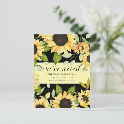 Elegante Zonnebloem Waterverf Bloemen Zwart Bewege Aankondigingskaart (Staand voorkant)