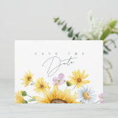 Elegante Zonnebloem Waterverf Monogram Blauwgrijs Save The Date (Staand voorkant)