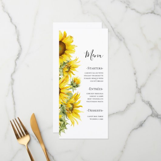 Elegante Zonnebloem Zomer Bruiloft Menu (Voorkant / Achterkant in situ)