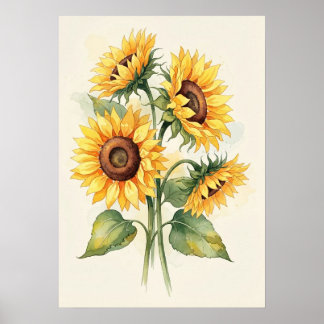 Elegante Zonnebloemen Aquarel Minimalistisch Poster