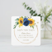 Elegante Zonnebloemen Blauwe Bloemen Gouden Pensio Save The Date (Staand voorkant)