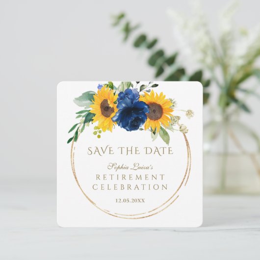 Elegante Zonnebloemen Blauwe Bloemen Gouden Pensio Save The Date (Staand voorkant)