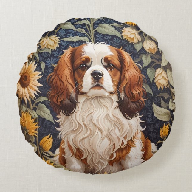 Elegante zonnebloemen Cavalier King Charles Spanie Rond Kussen (Voorkant)
