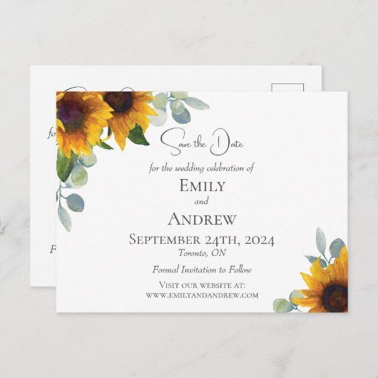 Elegante zonnebloemen en Waterverf groen Uitnodiging Briefkaart (Voorkant / Achterkant)