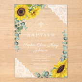Elegante Zonnebloemen Eucalyptus Kant Meisje Doop Acryl Uitnodigingen (Voorkant)