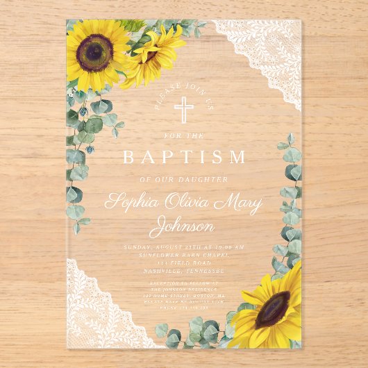 Elegante Zonnebloemen Eucalyptus Kant Meisje Doop Acryl Uitnodigingen (Voorkant)
