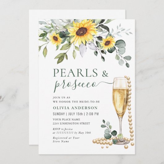 Elegante zonnebloemen Eucalyptus PARELS & Prosecco Kaart (Voorkant / Achterkant)