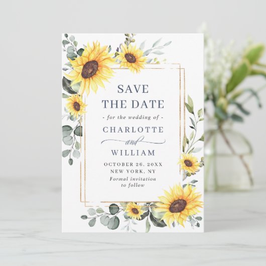 Elegante zonnebloemen eucalyptus trouw-QR-code Save The Date (Staand voorkant)