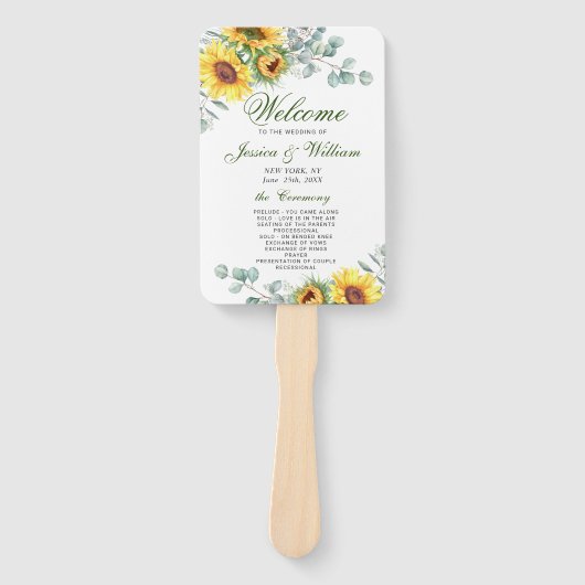 Elegante zonnebloemen eucalyptus trouwprogramma handwaaier (Voorkant)