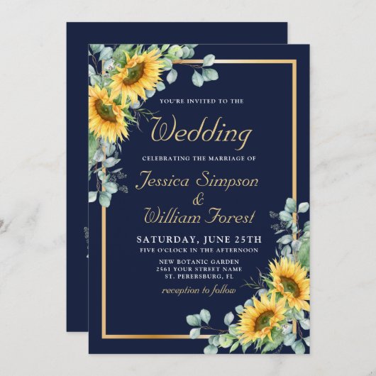 Elegante zonnebloemen Eucalyptus Waterverf bruilof Kaart (Voorkant / Achterkant)