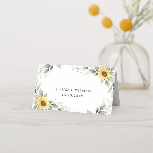 Elegante zonnebloemen groen bloemenbruiloft tafel plaatskaartje (Achterkant)