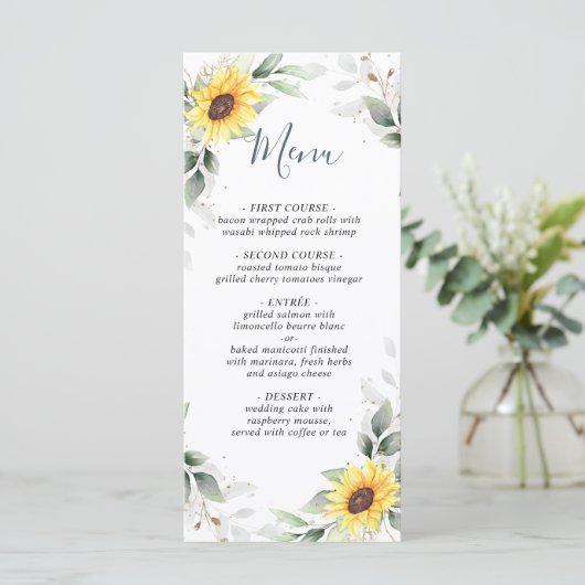 Elegante zonnebloemen groen bruiloft menu Kaart (Staand voorkant)