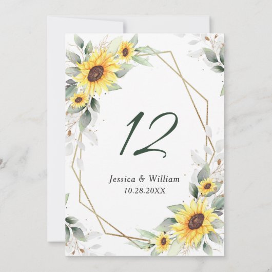Elegante Zonnebloemen Groene Huwelijks Tafel Numme Kaart (Achterkant)