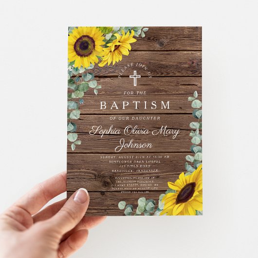 Elegante Zonnebloemen Kruis Doop  Kaart