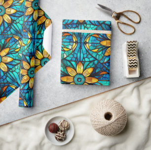 Elegante zonnebloemen namaak glas-in-lood patroon cadeaupapier