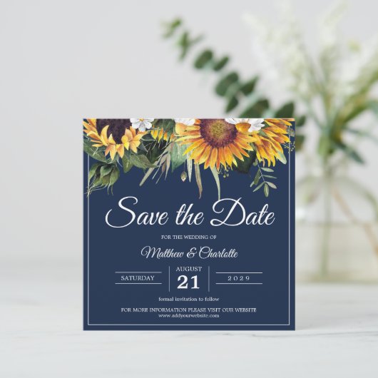 Elegante Zonnebloemen Navy Blauw Bloemen Bruiloft Save The Date (Staand voorkant)