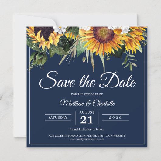 Elegante Zonnebloemen Navy Blauw Bloemen Bruiloft Save The Date (Voorkant)