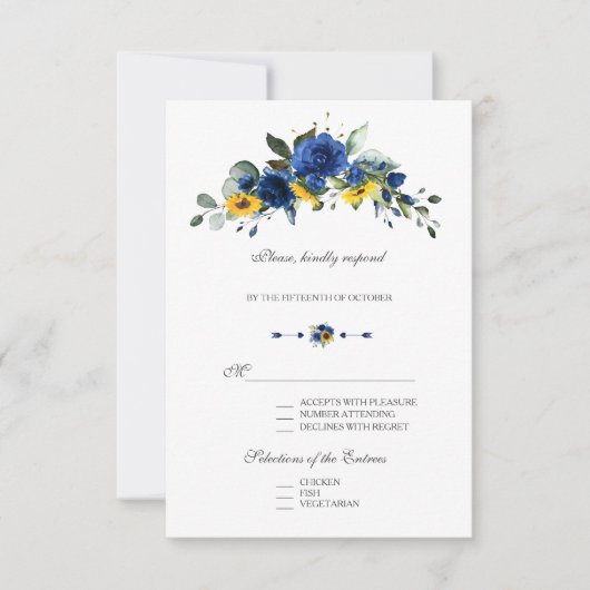 Elegante Zonnebloemen Navy Blauwe Bloemen Bruiloft RSVP Kaartje (Voorkant)