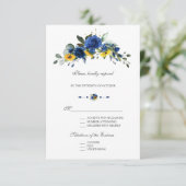 Elegante Zonnebloemen Navy Blauwe Bloemen Bruiloft RSVP Kaartje (Staand voorkant)